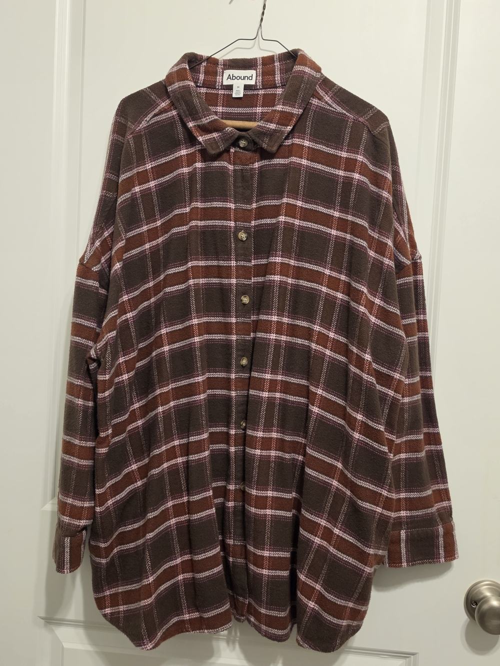 Abound Brown Plaid Button-Front Shirt Jacket with Pink Accents